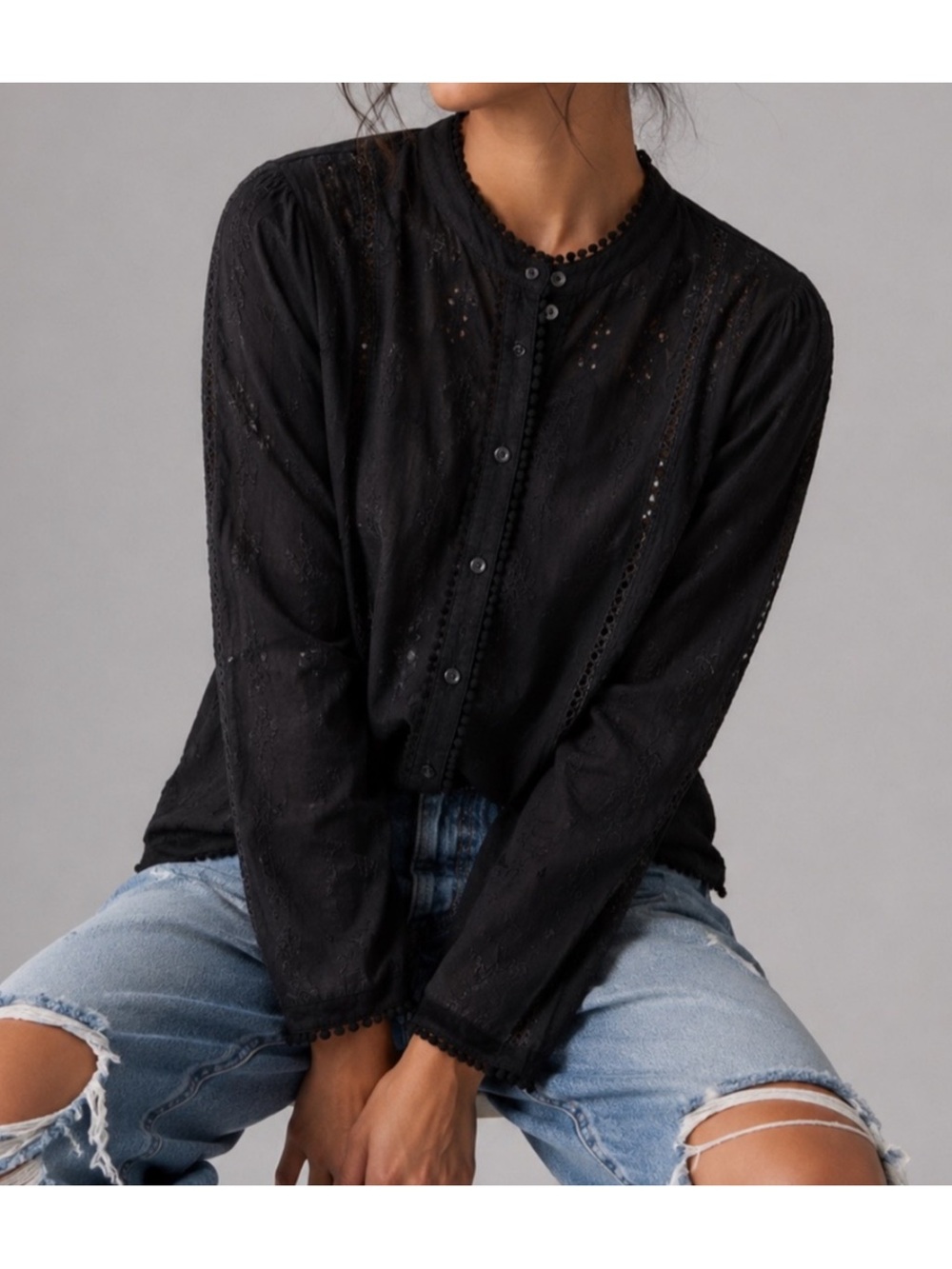 INDUSTRY Women's Chic Black Lace-Detail Button-Down Structure Casual Blouse